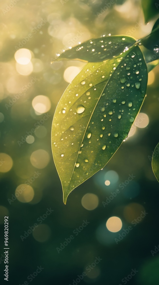 Poster close-up of green leaves with water droplets and bokeh background. nature and freshness concept