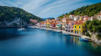 Fototapeta premium A picturesque stock photo of a quaint coastal village with colorful houses lining the harbor.