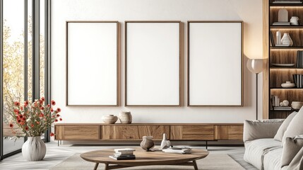 Fototapeta premium Mockup interior design with three empty frames on the wall.