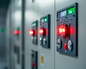 image showcases close up view of control panels with flashing indicators, highlighting operational status of fire alarm system. vibrant red lights convey sense of urgency and alertness in technical e