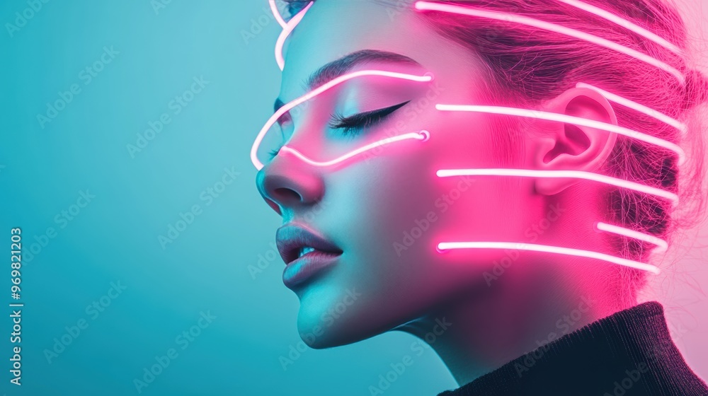Poster a stylized neon portrait of a person with glowing lines outlining their features, creating an ethere