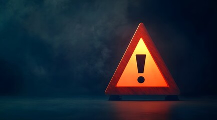 3D rendering of a triangular warning sign with an exclamation mark on a dark background