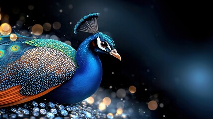   A stunning painting depicts a vibrant blue and orange bird perched against a dark backdrop, its feathers shimmering with iridescence The scene is further enhanced by the