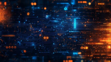 Naklejka premium A close-up of a circuit board with glowing blue and orange lines, creating a futuristic, technological aesthetic.