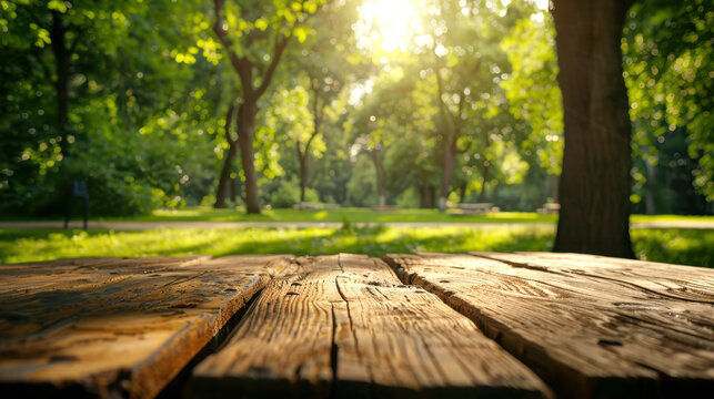 Sundappled park scene featuring aged wooden table in foreground. lush green trees and sunlit pathway create tranquil, inviting outdoor setting ideal for relaxation.