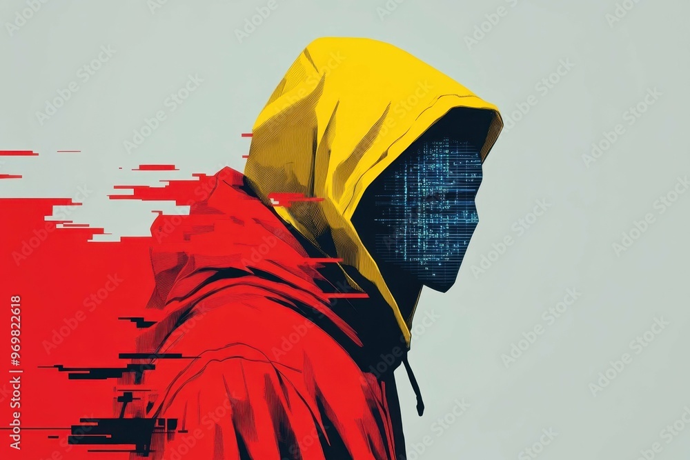 Poster a comic-style image showing a digital superhero wearing an anonymous mask navigating through a web o