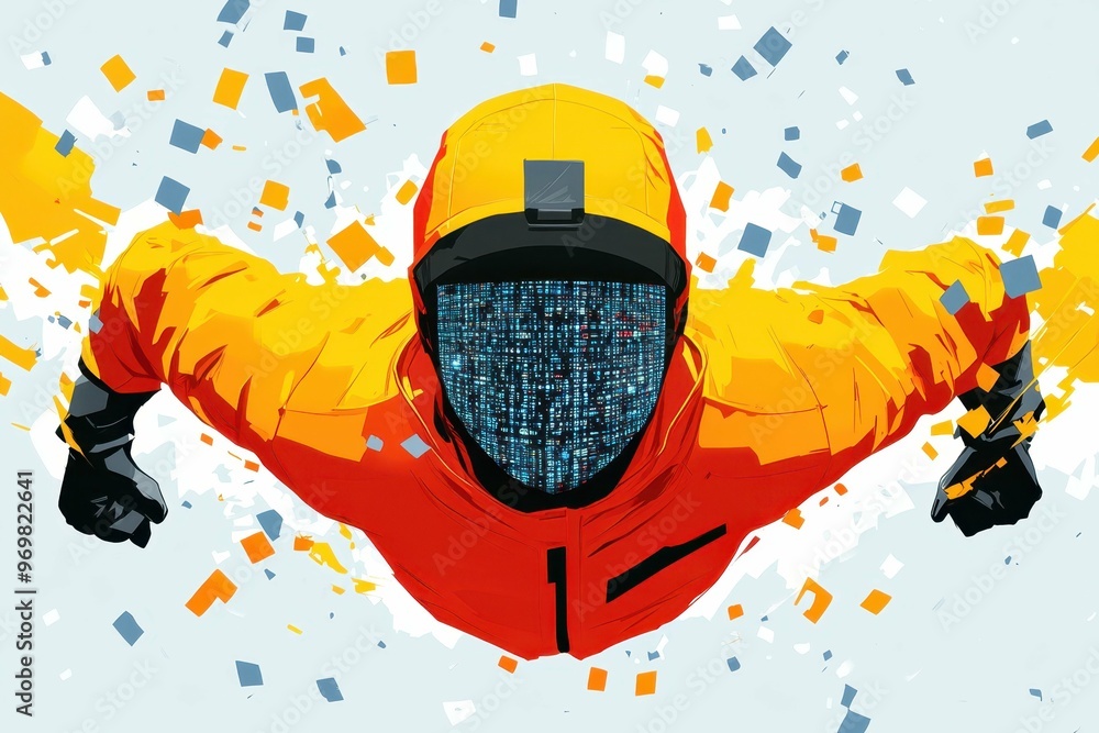 Poster a comic-style image showing a digital superhero wearing an anonymous mask navigating through a web o
