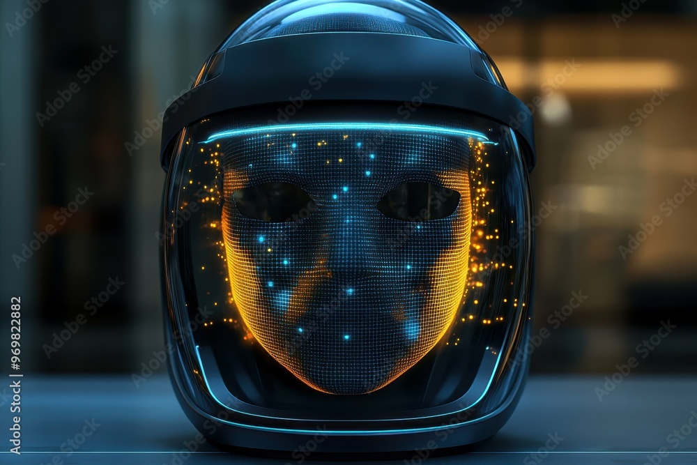 Poster a futuristic virtual reality headset designed with an anonymous mask motif displayed on a sleek surf