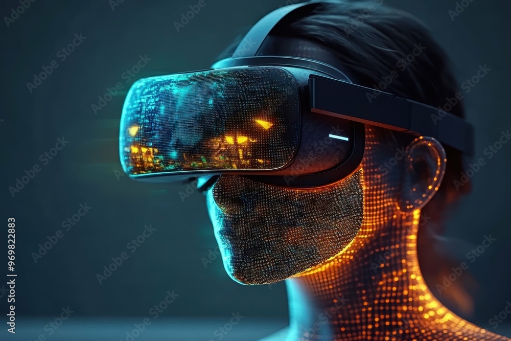 Poster a futuristic virtual reality headset designed with an anonymous mask motif displayed on a sleek surf