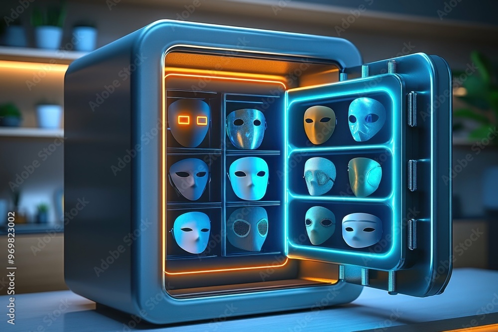 Aufkleber a high-tech safe that opens to reveal various anonymous masks with a soft glow illuminating the cont