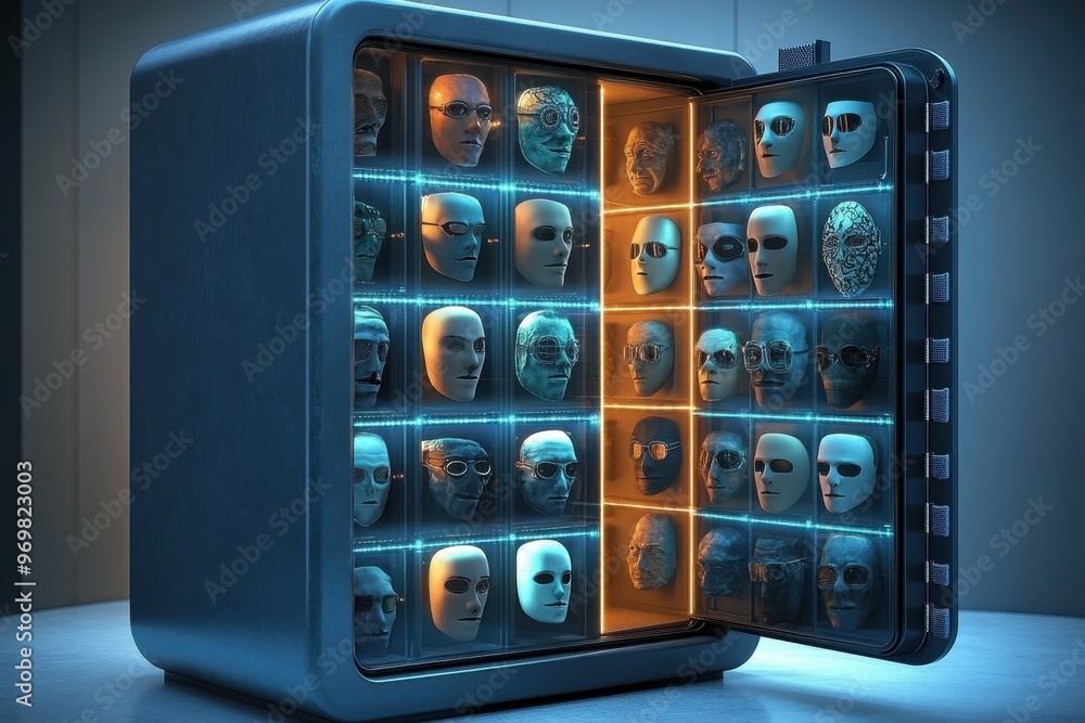Poster a high-tech safe that opens to reveal various anonymous masks with a soft glow illuminating the cont