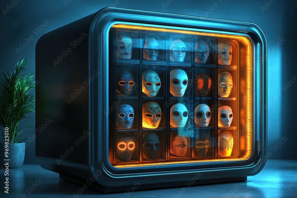 Poster a high-tech safe that opens to reveal various anonymous masks with a soft glow illuminating the cont