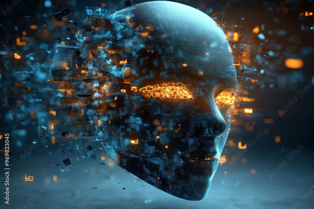 Poster a modern art piece showcasing an anonymous mask surrounded by digital fragments symbolizing online c