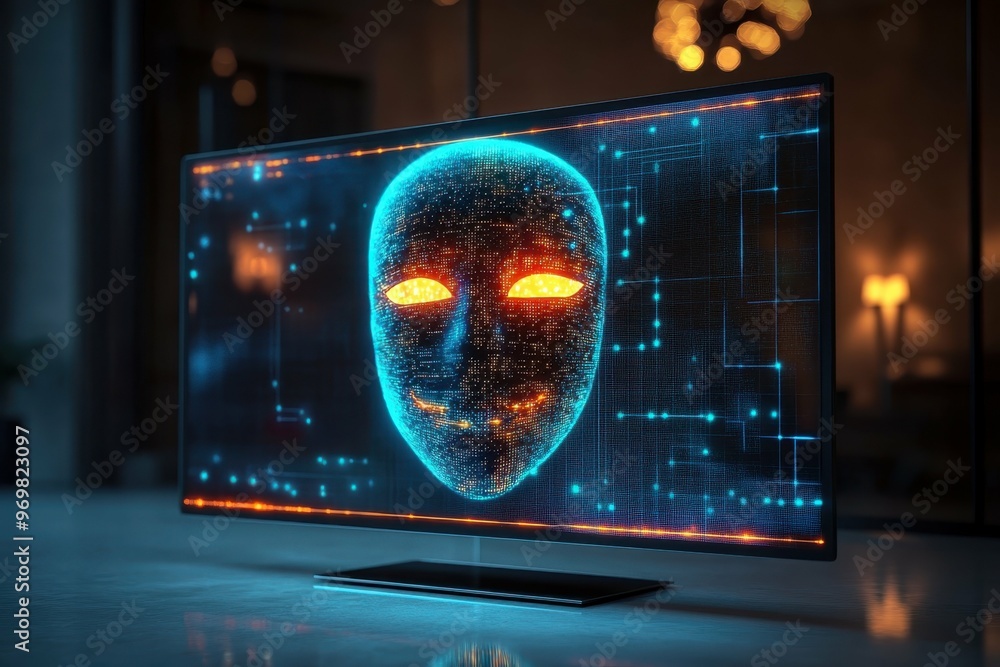 Poster a modern minimalist room featuring a large digital screen displaying a glowing anonymous mask set ag