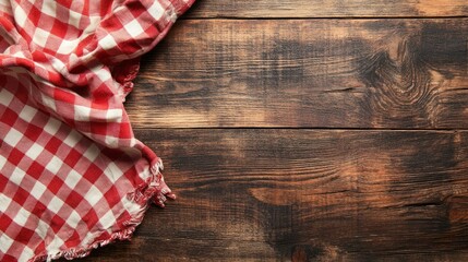 Red and White Checkered Tablecloth on Wooden Background