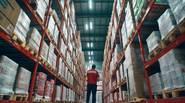 Warehouse Supervisor Inspecting Goods on Shelves
A supervisor examines goods on high shelves in a large industrial warehouse.