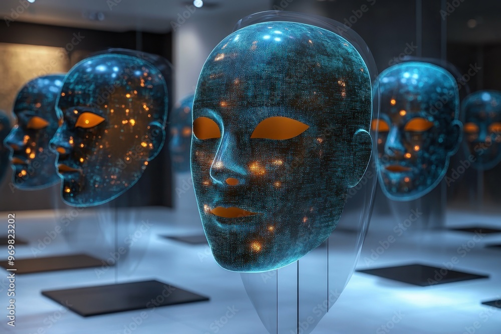 Poster a sleek contemporary art installation featuring multiple floating anonymous masks in a gallery space