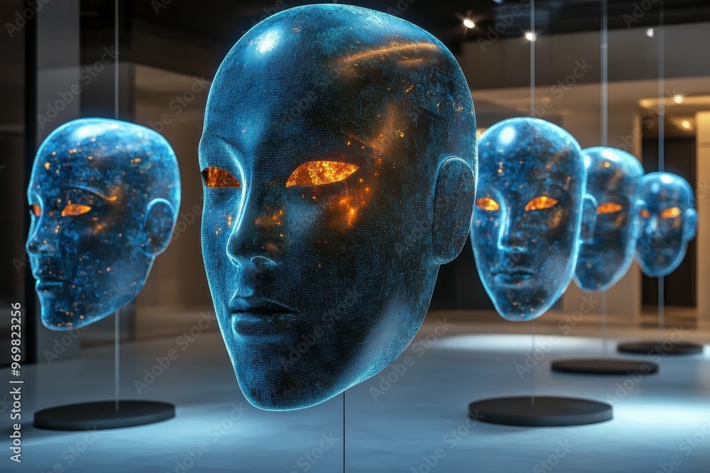 Poster a sleek contemporary art installation featuring multiple floating anonymous masks in a gallery space