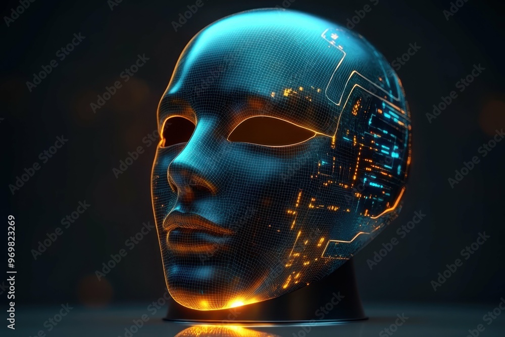 Poster a sleek futuristic anonymous mask designed with high-tech features displayed on a reflective pedesta