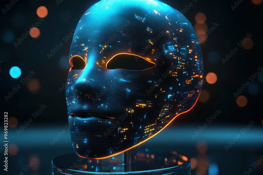 Poster a sleek futuristic anonymous mask designed with high-tech features displayed on a reflective pedesta
