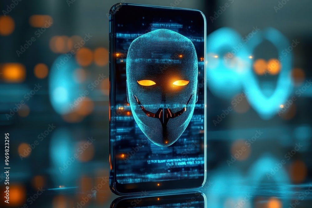 Aufkleber a sleek smartphone with an anonymous mask as its home screen displayed on a reflective surface.