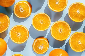 Fototapeta premium A stack of halved oranges resting atop a green-and-yellow background surrounded by foliage. Beautiful simple AI generated image