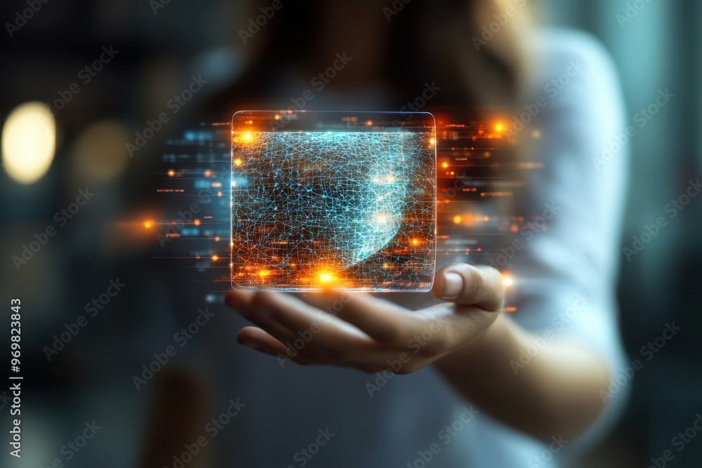 Aufkleber hand holding hologram of a labyrinthine network symbolizing the complexity of online anonymity with 