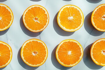 Fototapeta premium Fresh Sliced Oranges on Vibrant Yellow Background - Citrus Fruit Pattern for Healthy Living and Summer Vibes. Beautiful simple AI generated image