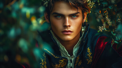 Mystical Male Fairytale Character in Enchanted Forest Setting with Dreamy and Mysterious Expression, Detailed Costume and Nature Elements