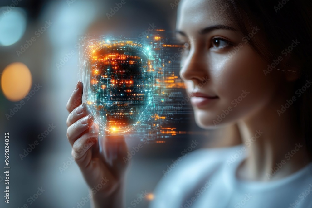 Poster hand holding hologram of data stream flowing into an anonymous mask symbolizing information concealm