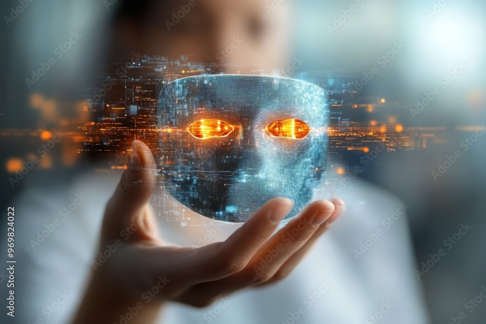 Poster hand holding hologram of data stream flowing into an anonymous mask symbolizing information concealm