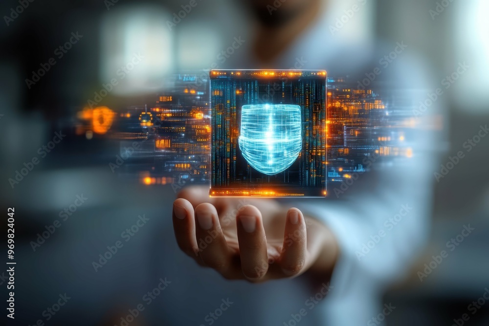 Poster hand holding hologram of data stream flowing into an anonymous mask symbolizing information concealm
