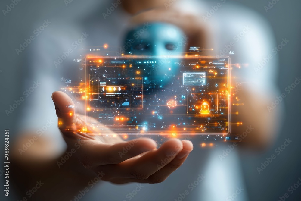 Poster hand holding hologram of encrypted chat interface with an anonymous mask in the background.