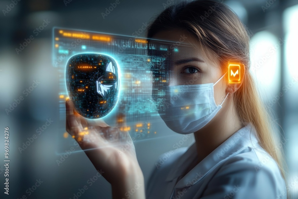 Poster hand holding hologram of encrypted chat interface with an anonymous mask in the background.