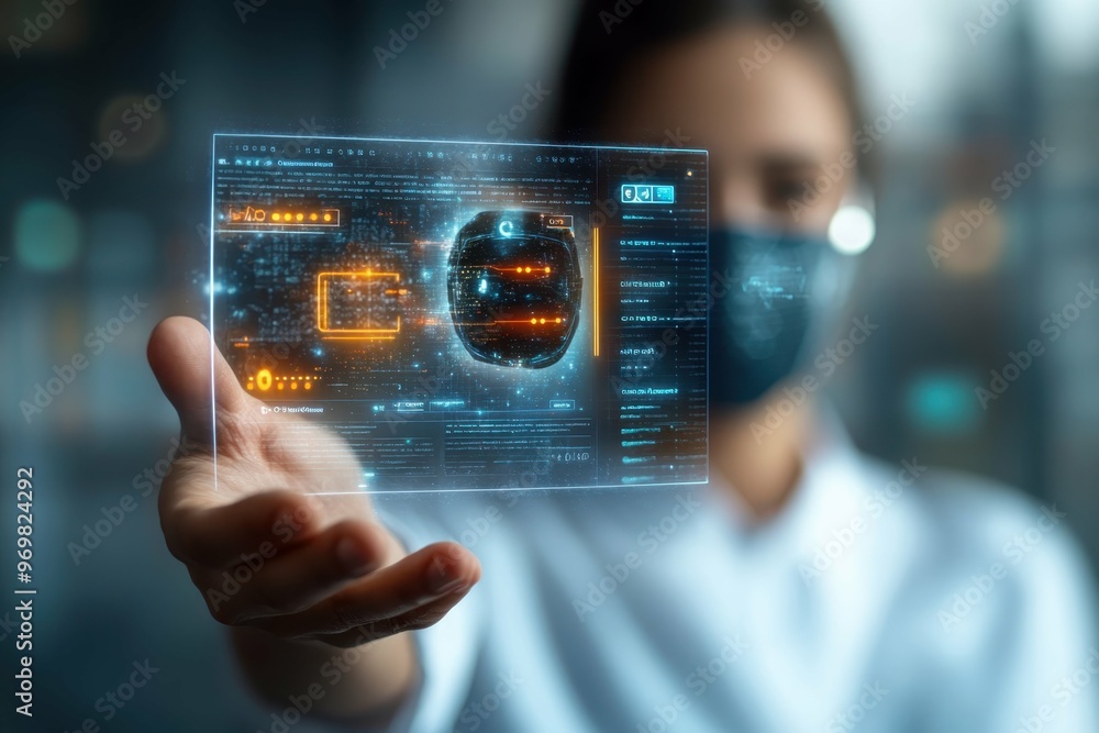 Poster hand holding hologram of encrypted chat interface with an anonymous mask in the background.
