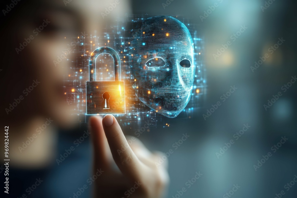 Poster hand holding hologram of secure padlock with the anonymous mask hovering above it.