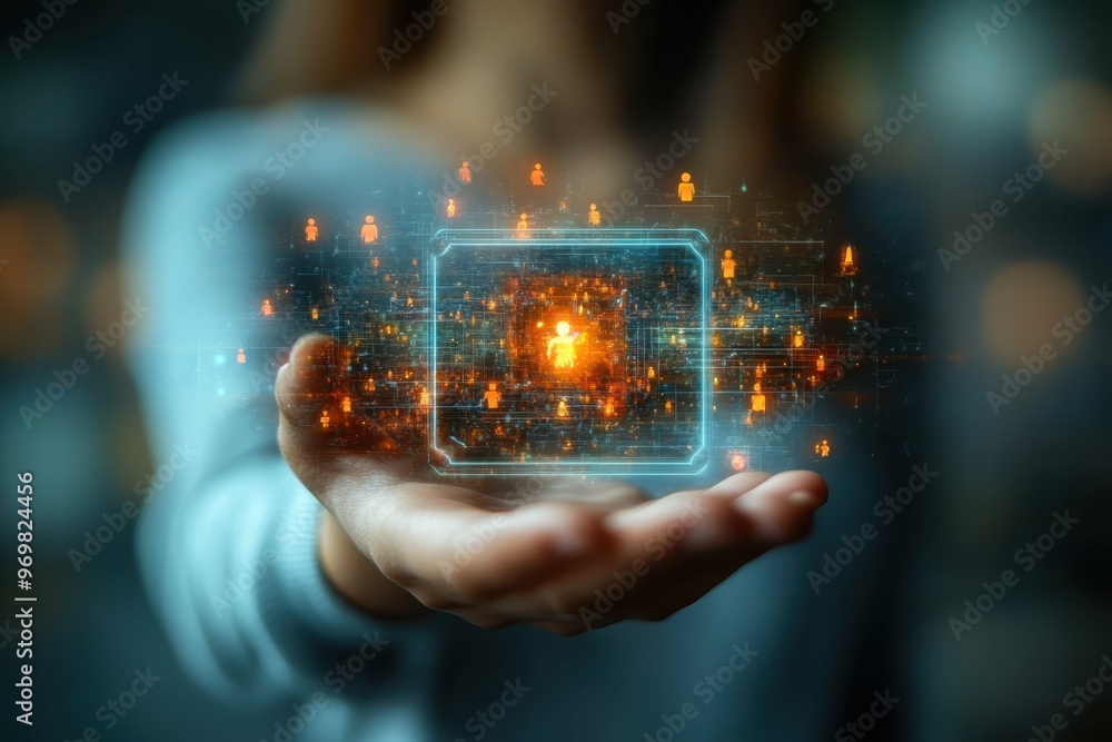 Poster hand holding hologram of virtual world with anonymous avatars scattered throughout.