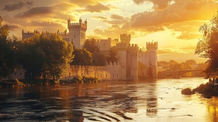 A breathtaking and stunning view of an ancient castle at sunset, beautifully reflected in the calm river waters