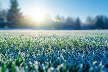 winters morning frost-kissed grass lawn evokes peace and tranquility, embodying a serene winter theme