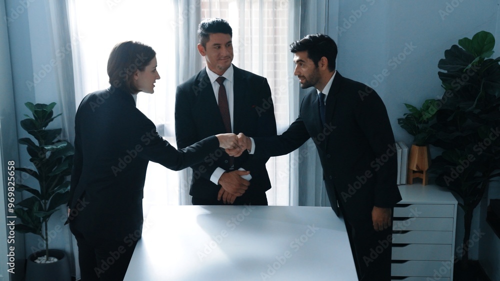 Poster top view of business team talk and present marketing strategy while project manager making handshaki