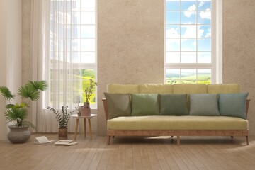 White living room with sofa and summer landscape in window. Scandinavian interior design. 3D illustration