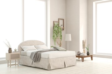 White bedroom concept. Scandinavian interior design. 3D illustration