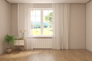 White empty room with summer landscape in window. Scandinavian interior design. 3D illustration
