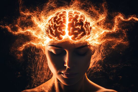 Neuroinformatics brain mapping visual cortex brainwave and neuromechanics woman with fiery neural explosion radiating from her brain in a dark background