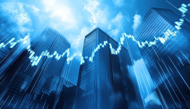 A stock market chart showing an upward trend, with buildings in the background, a blue color theme, and the sky and clouds in view Generative AI
