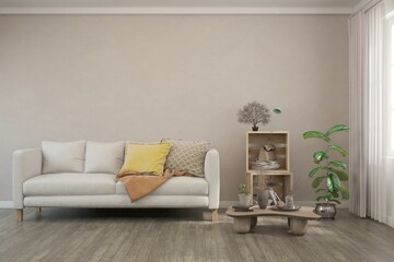 White living room with sofa. Scandinavian interior design. 3D illustration