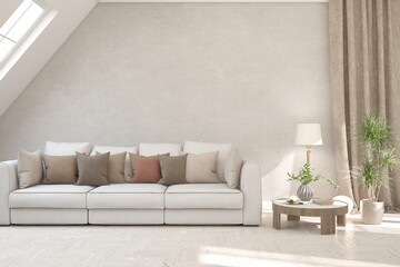 White living room with sofa. Scandinavian interior design. 3D illustration