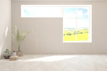 White empty room with summer landscape in window. Scandinavian interior design. 3D illustration