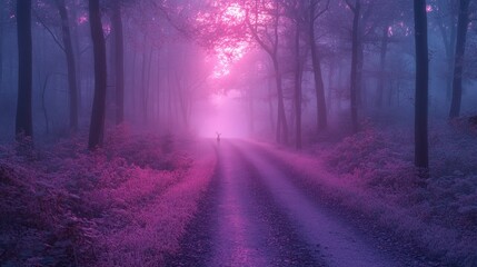Fototapeta premium A lone deer walks down a path in a purple and pink forest