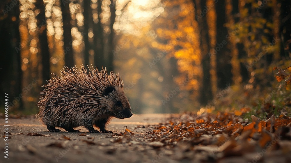 Canvas Prints a porcupine strolling on a forest trail amidst fallen foliage